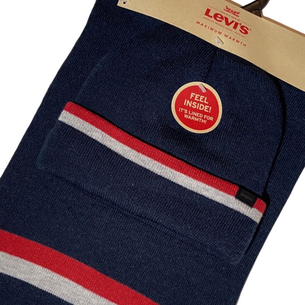 Levis Roll Cuff Beanie Hat & Scarf 2-Piece Set Navy Blue with Red Grey Stripes